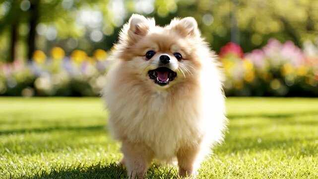 Cute Pomeranian Dog Standing on Green Grass in a Park, Close-Up