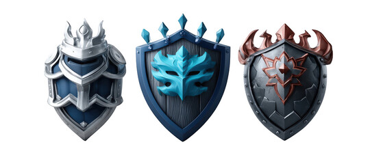 Three distinct shields featuring unique designs and colors, set against a transparent background