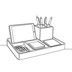 Fototapeta premium Minimalist line drawing depicts a modern desk organizer holding various office supplies