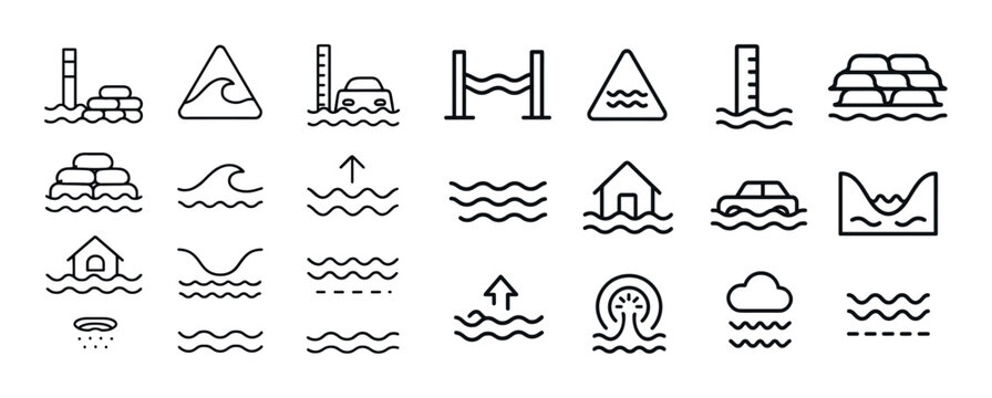 Flood disaster warning icons collection for emergency preparedne