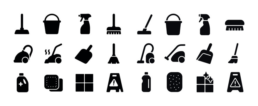 Silhouette icons of cleaning tools and equipment for household c
