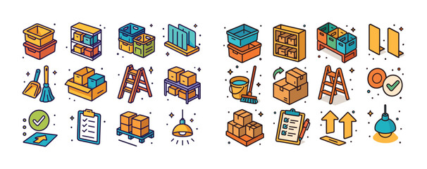 Colorful isometric storage and organization icons featuring boxe