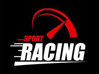 Race car, drift competition sticker or tag. Drift and car racing patch, rally championship vector tag. Speed drive competition emblem sticker or label with red speedometer and white typography