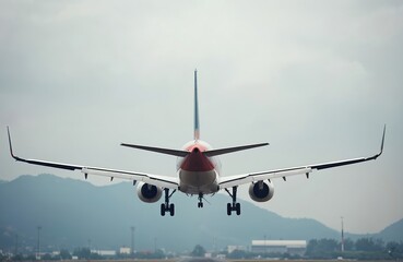Airplane tail section visible as aircraft descends for landing on runway. Twin jet engines power large commercial airliner preparing for arrival. Flying high above ground with mountains in background.