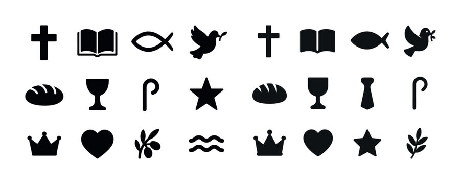 Religious symbols collection: crosses, books, fish, doves, chali