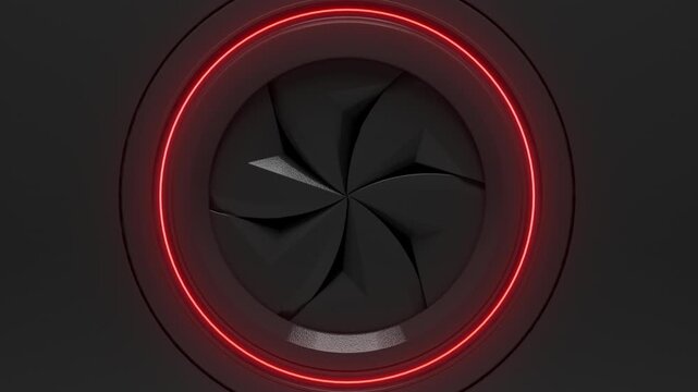 3D animation of a dark grey mechanical iris shutter closing and opening with a red neon light. Camera flies through the center. Sci-Fi transition with alpha channel.