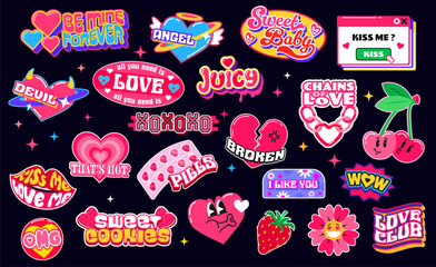 Obraz premium Love heart y2k retro groovy stickers, Valentine Day patch labels. Vector pink hearts with Cupid angel wings, flower and cherry emojis. Love message windows, kiss lips and strawberry cake y2k stickers