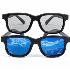 Two black-framed eyeglasses; one with light gray lenses, one with sky reflection