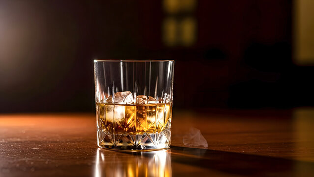 Glass of whiskey on a wooden table with ice cubes
