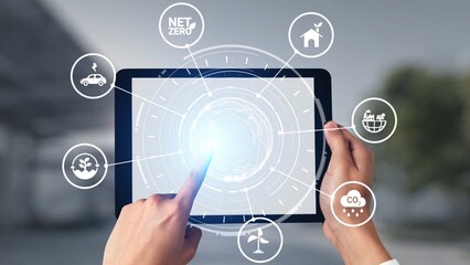 Net zero and sustainability concepts with environmental balance, digital sustainability icons, green energy goals, and eco-conscious digital business transformation for the future. Gist