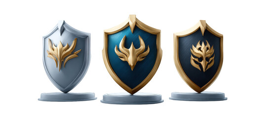 Three distinct shields showcasing unique designs and colors, symbolizing protection and strength