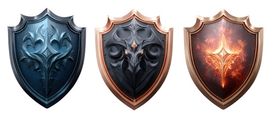 Three distinct shields featuring unique designs, showcasing textures and colors, ideal for gaming or fantasy themes