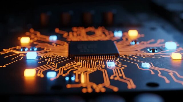 Digital circuit board with glowing lights and central processor chip