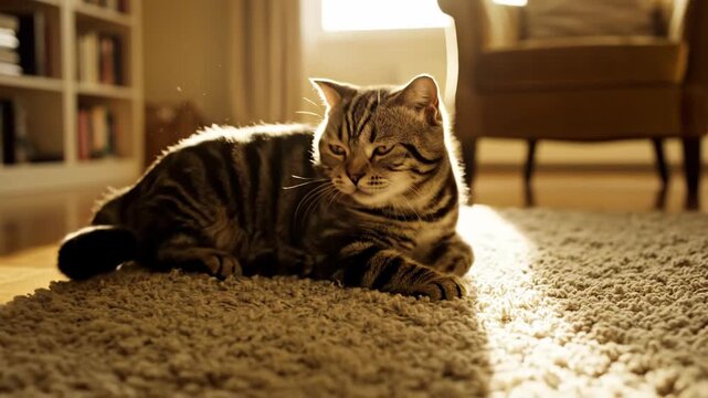 A Domestic Shorthair cat walks, then crouches, and finally lies down on a fluffy rug in a sunlit living room, showcasing its playful and relaxed nature.