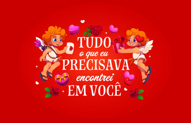 Fototapeta premium Tudo o que eu precisava encontrei em voce Valentine's day spanish quote. Romantic party vector banner, love holiday print. Romance day quote poster with cupids characters, rose flowers and gifts