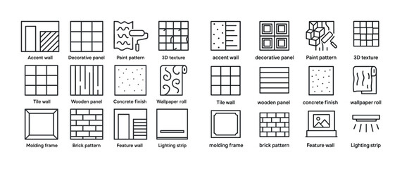 Icon set of wall finishes and patterns in black and white