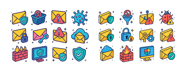 Colorful icons of email security threats and digital protection