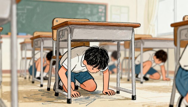 Children taking cover under desks during earthquake drill
