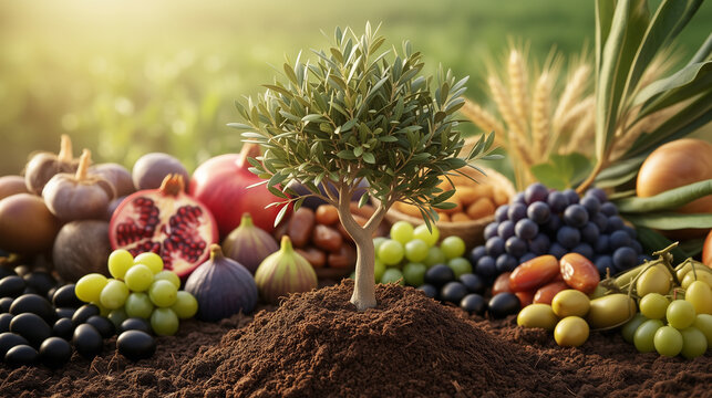 Happy Tu BiShvat (Jewish New Year of the Trees) background. Olive tree sapling grows in fertile soil, pomegranates, grapes, figs, olives, dates, and wheat 