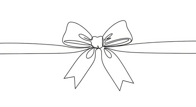 Continuous line drawing illustrates a simple decorative bow tied around a horizontally stretching ribbon