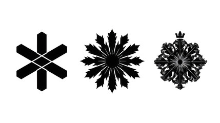 Three distinct snowflake designs showcasing unique patterns against a plain backdrop