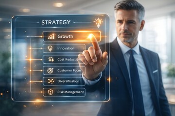 Confident Caucasian businessman interacting with a digital strategy display, highlighting key business concepts for growth and innovation.