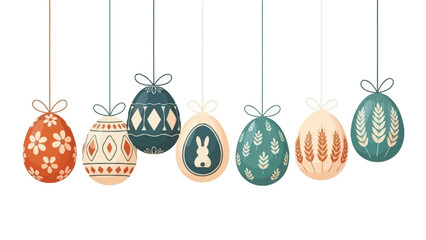 A row of seven decorative Easter eggs with various patterns and colors hanging from strings, celebrating spring.