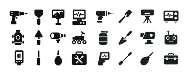 Collection of diverse tools and equipment icons in simple black