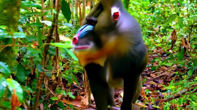 A primate with colorful facial features in a lush green environment