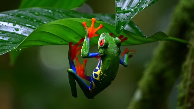 Colorful frog with vibrant eyes, clinging to a wet green leaf