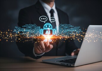 Businessman Interacting with Futuristic AI Chatbot Hologram and Digital Cityscape.