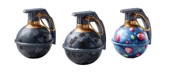 Three distinct spray canisters displayed against a neutral background, showcasing unique designs