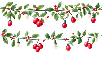 Decorative Christmas garland featuring intertwined branches with red berries lush green leaves and illuminated vintage string lights creating a warm and festive seasonal display