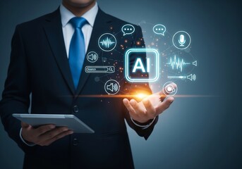 Businessman interacting with advanced artificial intelligence technology interface.