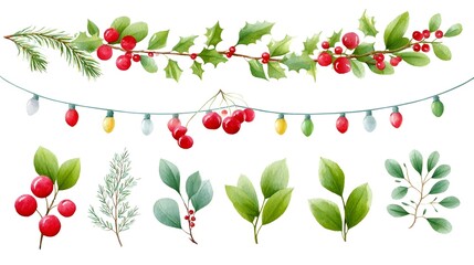A watercolor collection of decorative Christmas elements including a holly and berry garland a string of festive lights and individual botanical sprigs of pine and eucalyptus like leaves