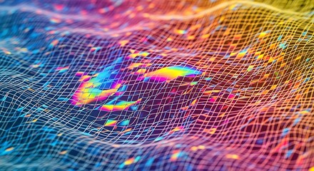 Vibrant holographic grid with iridescent reflections creates a mesmerizing futuristic background, perfect for tech, design, and modern aesthetic projects