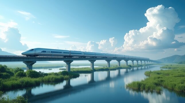 A modern high-speed bullet train speeds across a long viaduct over a tranquil river