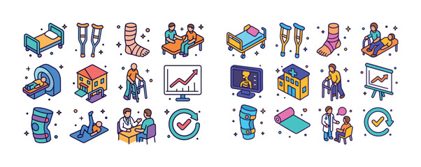Healthcare and rehabilitation icons: crutches, therapy, checkup,