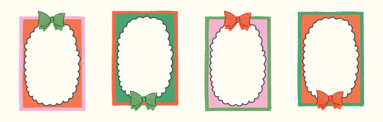 Hand Drawn xmas red, green, pink frame set with doodle bows, lace, ribbons. Coquette whimsical line borders for Merry Christmas, New Year, birthday, wedding, poster. Vintage minimalist vector illustra