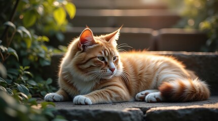 Ginger cat relaxing on steps