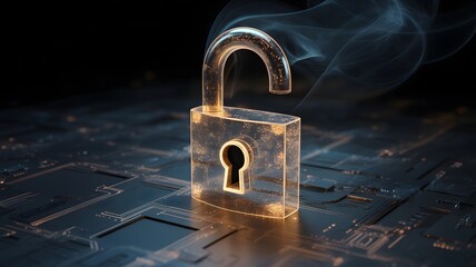 Open digital padlock on a circuit board with smoke, symbolizing a data breach or cybersecurity threat