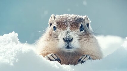 Curious groundhog emerging from its burrow on a bright winter morning, surrounded by light snow and gentle shadows. Groundhog Day