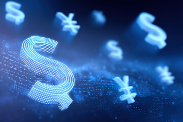 Futuristic concept of global currency and digital money exchange. Blue glowing finance symbols representing fintech, technology, and dynamic economy on dark background