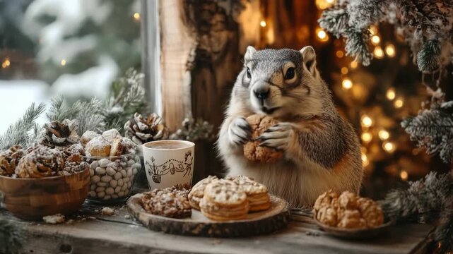 A festive table setup for Groundhog Day features an adorable groundhog holding a cookie amidst an array of delicious treats and warm decorations, creating a cozy winter atmosphere