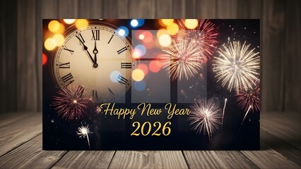 A festive new year 2026 greeting card featuring a countdown clock and fireworks display