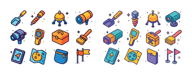 Colorful collection of isometric tools and gadgets icons