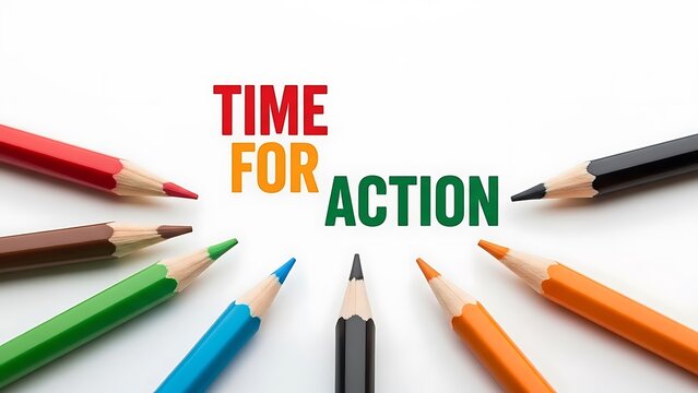 Colored pencils surround motivational text urging immediate execution of plans for success and progress - Powered by Adobe