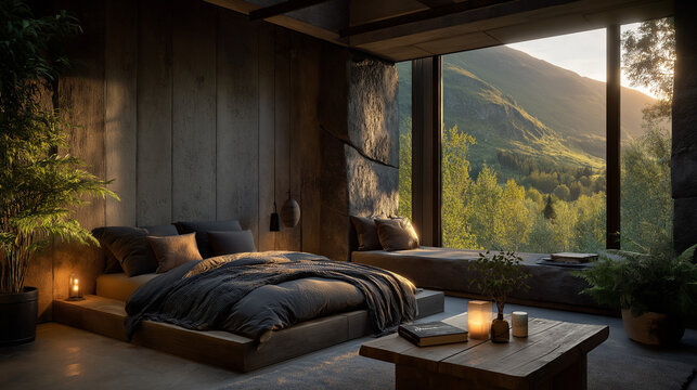 Rustic Bedroom with Mountain View: A tranquil bedroom featuring a cozy bed, and a large window framing a stunning view of lush green mountains, bathed in warm sunlight.