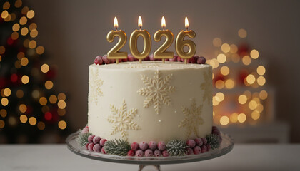 Obraz premium Elegant New Year cake with 2026 candles on a festive table, warm bokeh lights and holiday decor creating a cozy celebratory atmosphere.