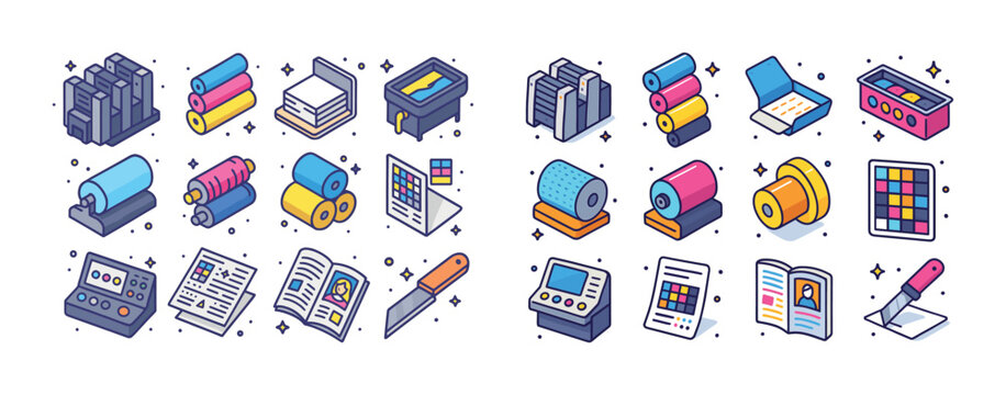 Colorful printing equipment icons including printers, rollers, i